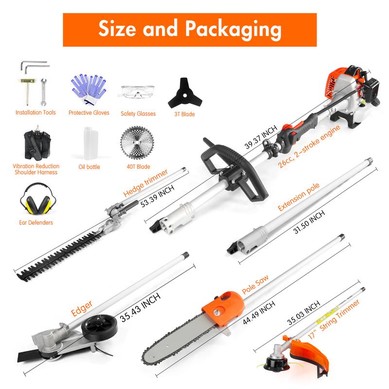 NEOTEC 26cc/52cc Multi Functional Trimming Tools Set with 31.5-inch Extension Pole String Trimmer Hedge Trimmer Brush Cutter Edger Pole Saw for Lawn & Garden Cutting
