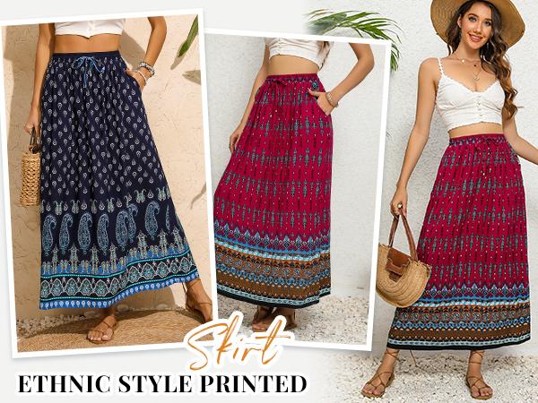 Women's 2025 Boho Floral Skirt Casual Elastic High Waist Maxi Skirts Flowy A Line Beach Long Skirt with Side Pockets Women's 2025 Boho Floral Skirt Casual Elastic High Waist Maxi Skirts Flowy A Line Beach Long Skirt with Side Pockets