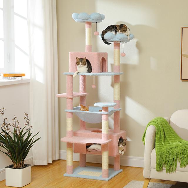 PAWZ Road Large 72 Inches Flower/Cactus Cat Tree & Tower for Indoor Cats with Sisal-Covered Scratching Posts Padded Perches Condos & Basket Gray/Dark Gray/Beige Vertical Scratcher 8-Level Structure