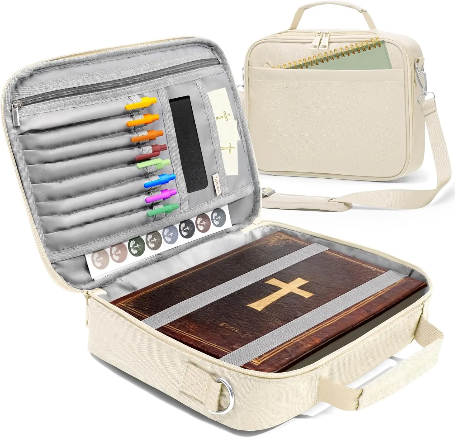 SUNEE Bible Cover for Women & Men, Large Bible Bag with Shoulder Strap, 8 Pen Slots, Zippered Pocket & Multiple Pockets, Water-Resistant Bible Case for Church & Bible Study, Beige