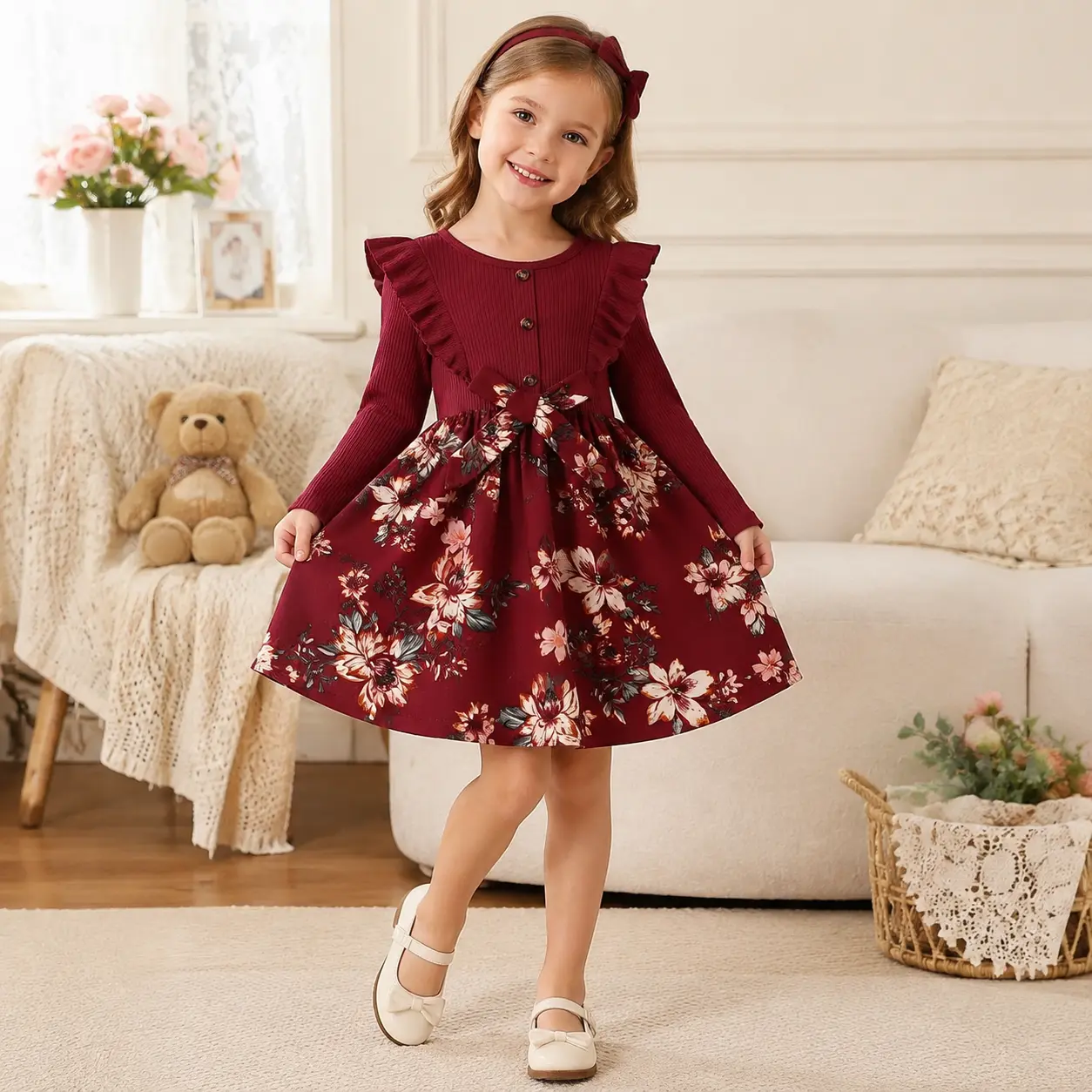 Elegant Burgundy Girls Long Sleeve Floral Dress, Ruffle Shoulder Ribbed Top with Large Bow Waistband, Boutique Style Autumn Winter Playwear for Kids 4-7 Years, Stylish Toddler Girl Holiday Party Gown