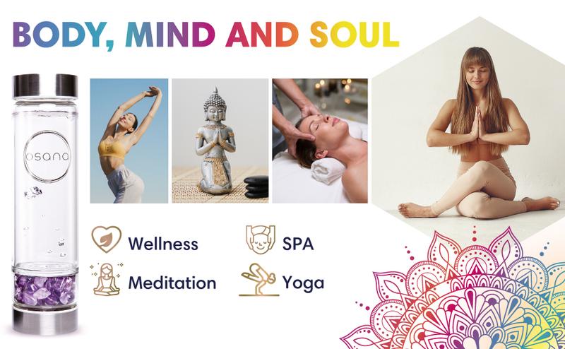 OSANA Crystal Water Bottle with 3 Changeable Healing Crystals – Amethyst, Rose Quartz, Green Fluorite – Loose Leaf Tea Bottle – Gem Elixir Infused Glass Water Bottle - 16.9 oz OSANA Crystal Water Bottle with 3 Changeable Healing Crystals – Amethyst, Rose Quartz, Green Fluorite – Loose Leaf Tea Bottle – Gem Elixir Infused Glass Water Bottle - 16.9 oz