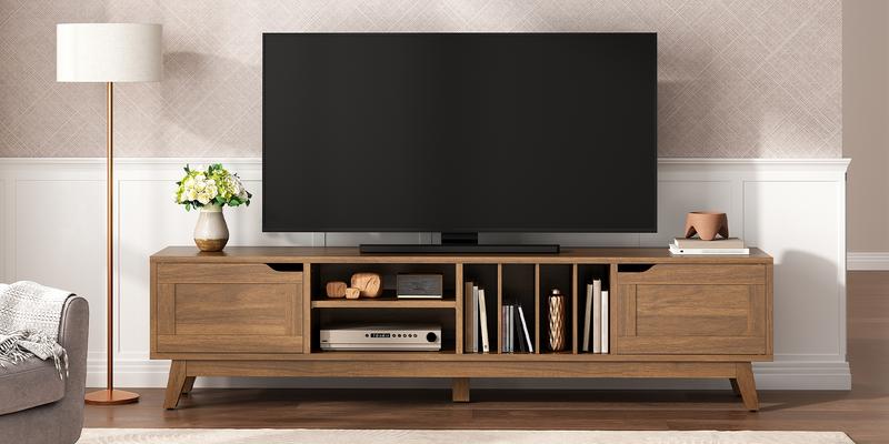 HOOBRO Modern TV Stand for TVs Up to 75 inches, Entertainment Center with 2 Cabinets, Open Compartments, 5 Adjustable Feet, Mid Century TV Console Table, for Living Room, Bedroom, Walnut