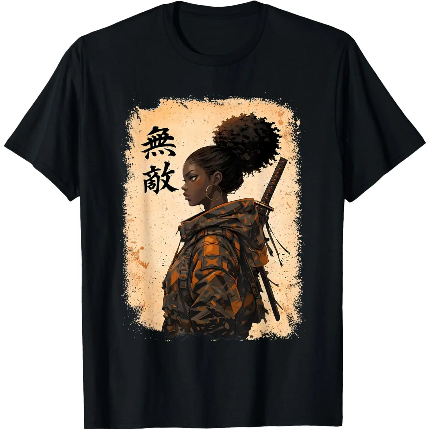 Women's Comfortable Cotton Shortsleeve Everyday Sports Top - Vintage Casual, Distressed Look, Round Neck, Black Samurai Girl Anime Warrior Afro African Pride Graphic Streetwear, Tops