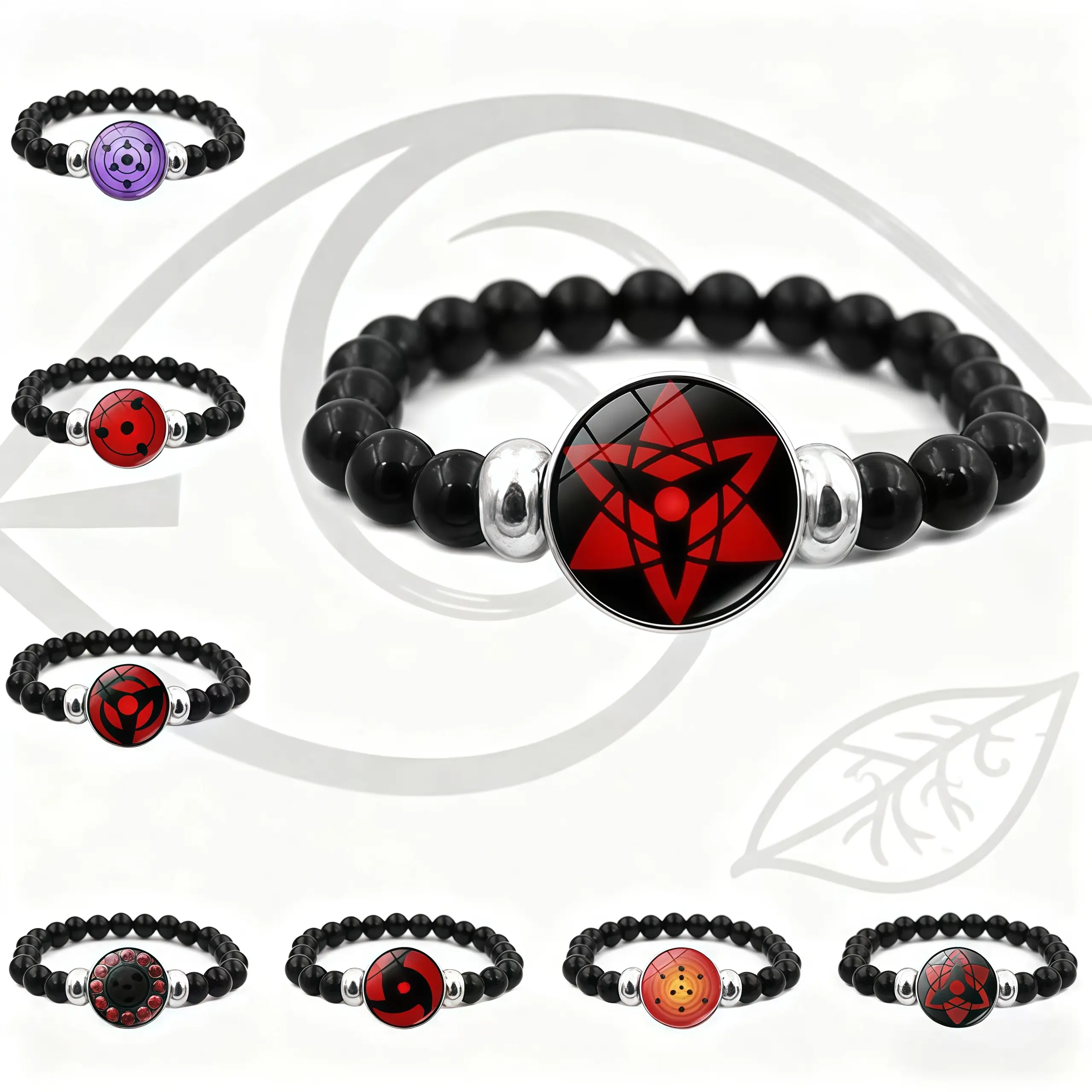 Sharingan Anime Alloy-Glass Beaded Bracelet - 2cm Multilayered Stack, Unisex Black Bangle, Uchiha Symbol Casual Wear Accessory, Comfortable Flexible Fit, Individually Wrapped Fan Collectible