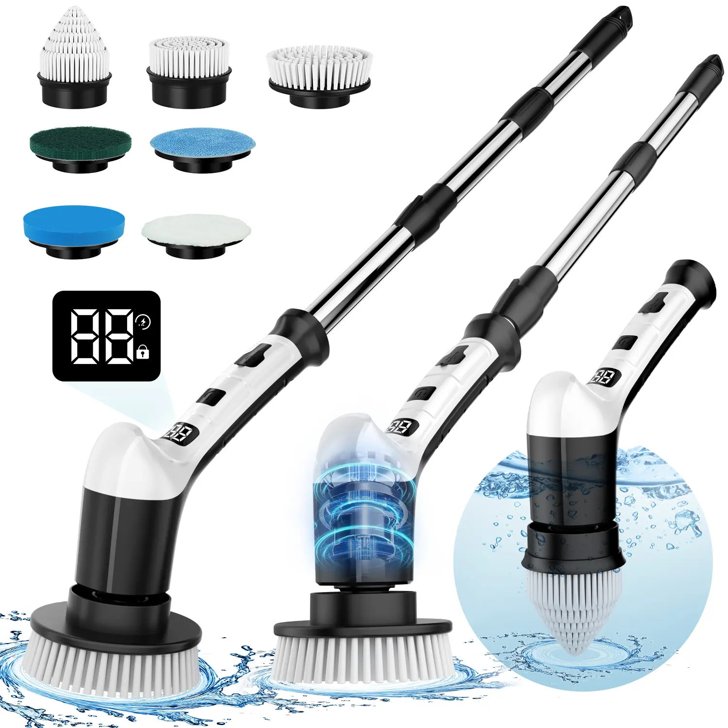 Cordless Rechargeable Electric Spin Scrubber Cleaning Tool - Handheld Power Brush with Rechargeable Motor, IPX6 Waterproof, 100 Mins Runtime, LED Screen, 3 Speed Modes, Adjustable Handle, 7 Multi-Purpose Heads for Bathroom Floors, Multi-Surface Clean