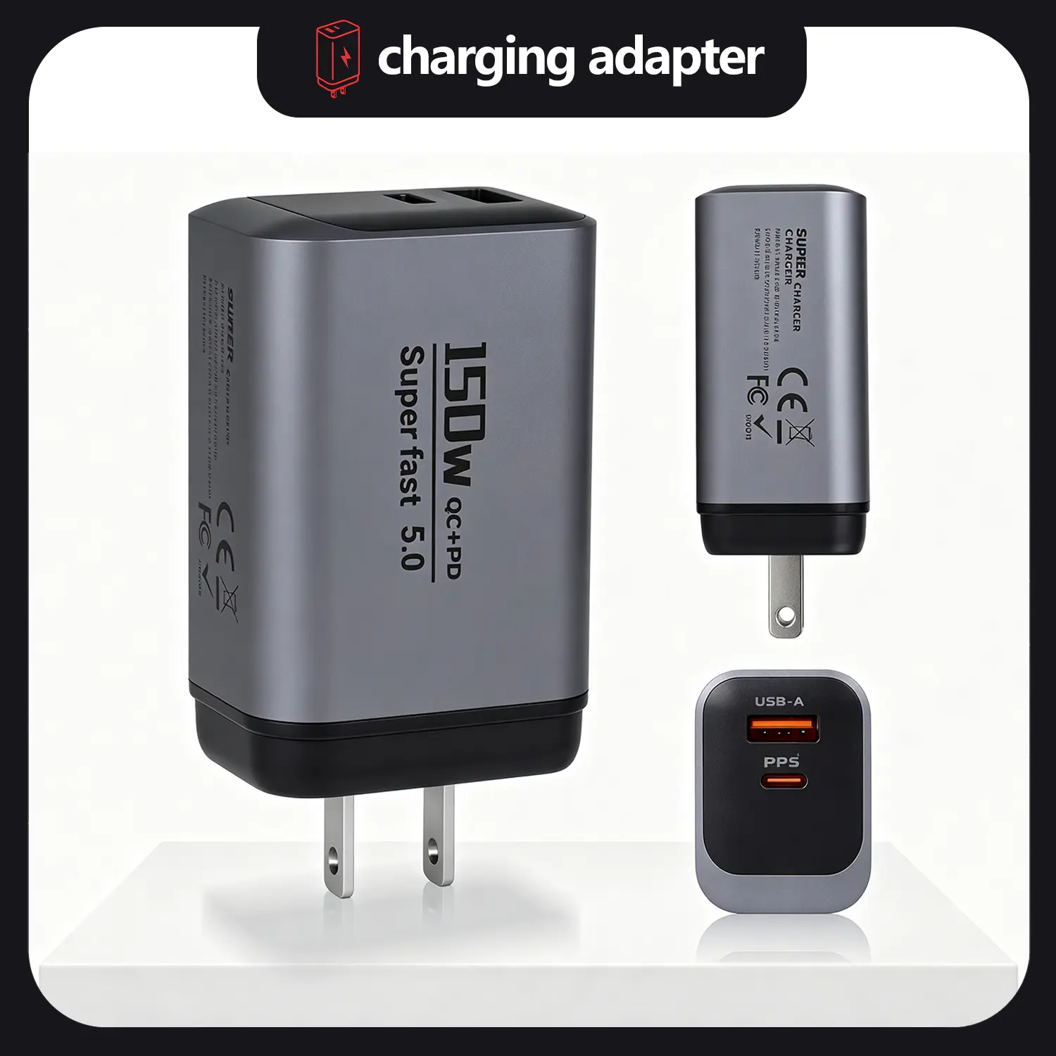 150W Dual-Port Super Fast Charger - USB-C & USB-A Power Block for Mobile Smartphone, Cellphone, Electronic Devices, MacBook, iPad, Samsung