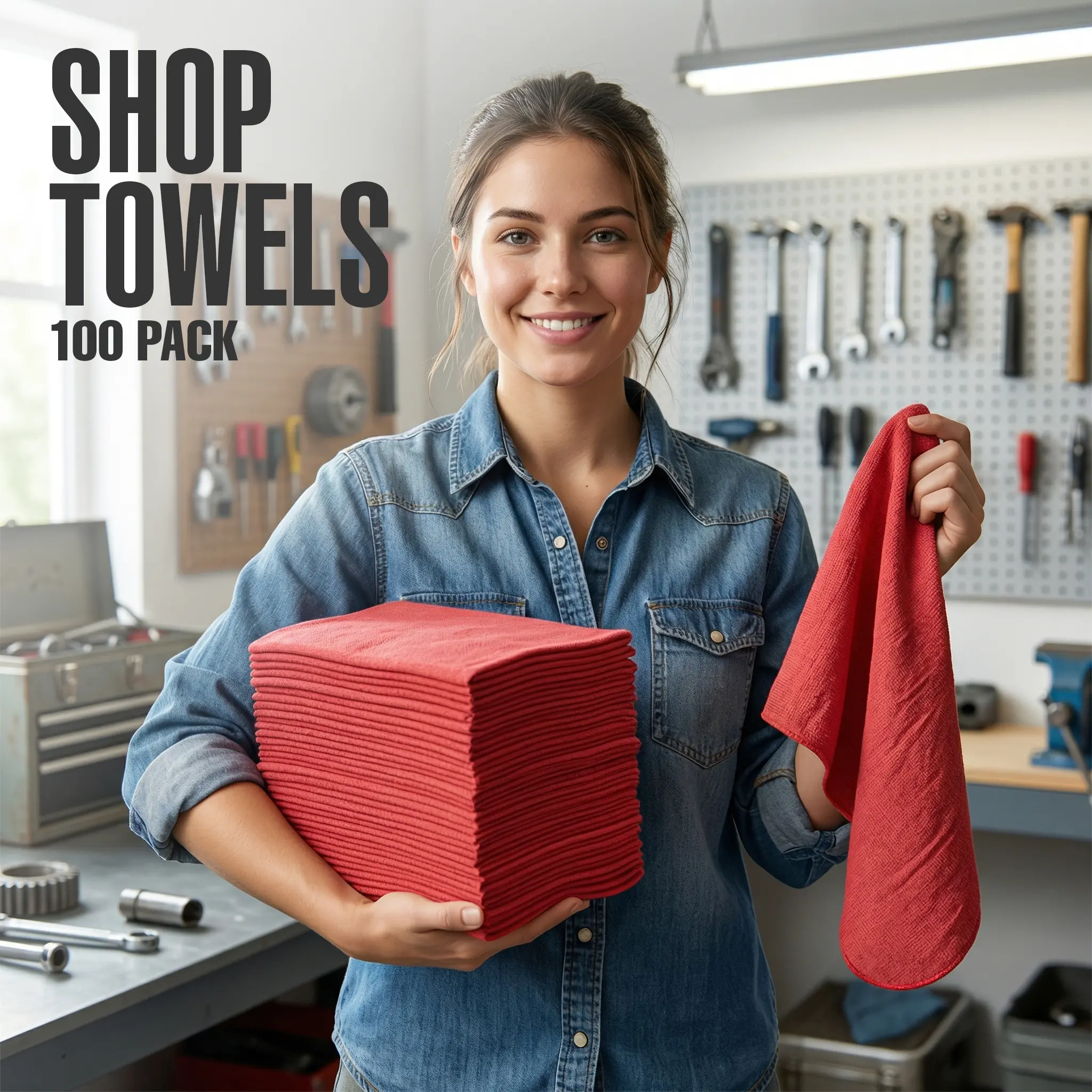 100-Pack Cotton Shop Towels (12x14in) - Soft Yet Durable for Tough Jobs, Super Absorbent Reusable Cleaningcloth, Multipurpose Absorbent Cloth for Garage, Home Cleaning Needs