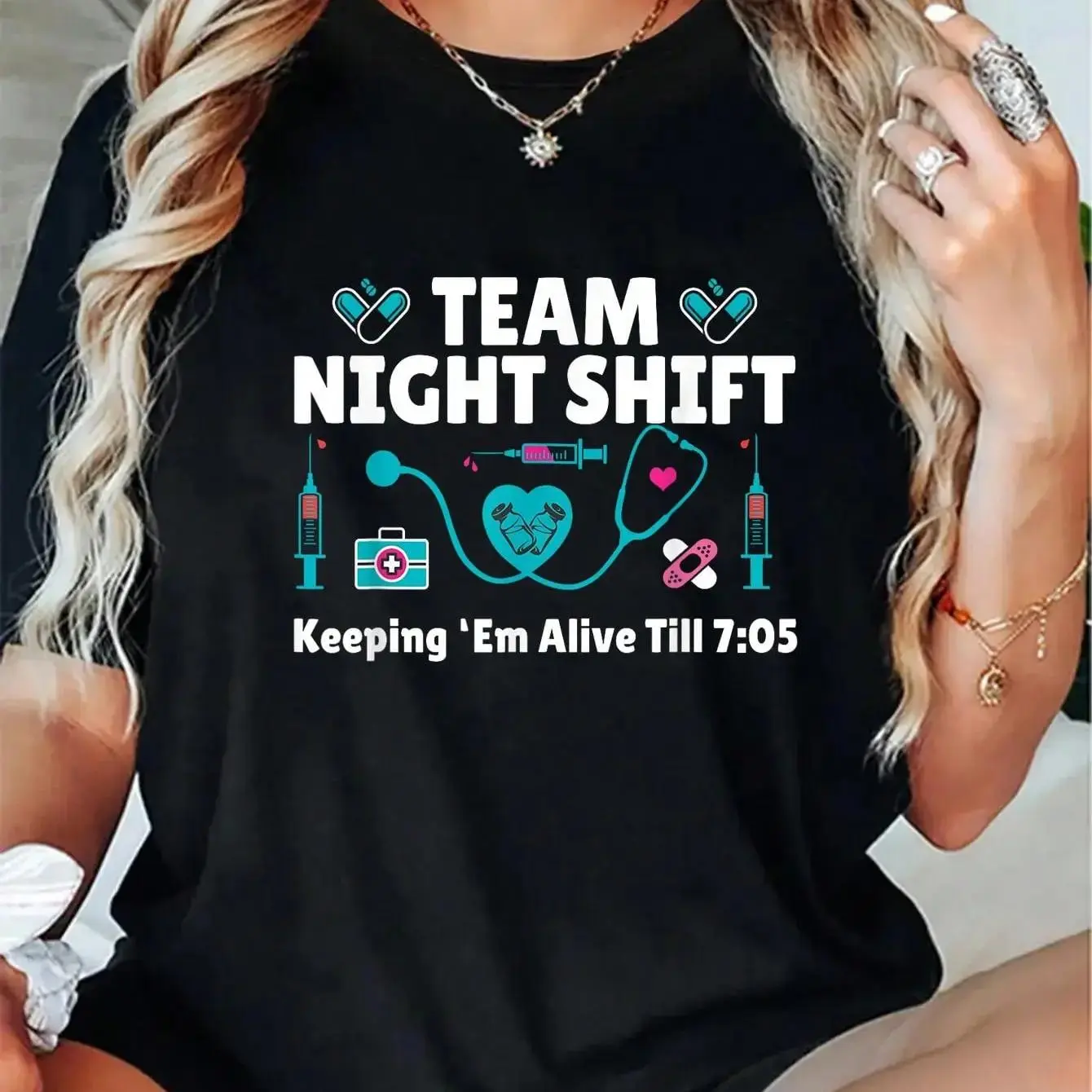 Nurse Practitioner Keeping Them Alive Funny Team Night Shift T-Shirt Fit Crewneck