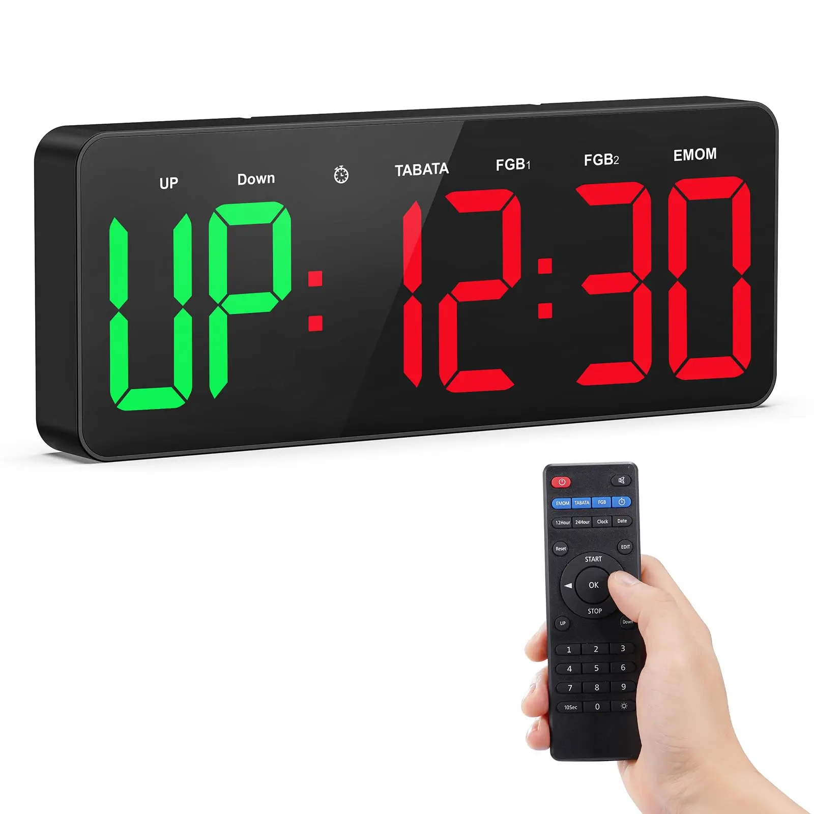 Gym Timer Clock Large Display, 12" LED Exercise Workout Interval Timer with Remote for Boxing Tabata/FGB/EMOM,Countdown/Up,Stopwatch Clock for Sports,Home Gym,Yoga,Garage,Office,Classroom
