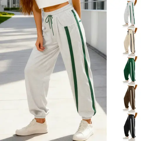 Buenoble Women's Casual Colorblock Stripe Sweatpants Loose Fit Joggers with Elastic Waist Pockets