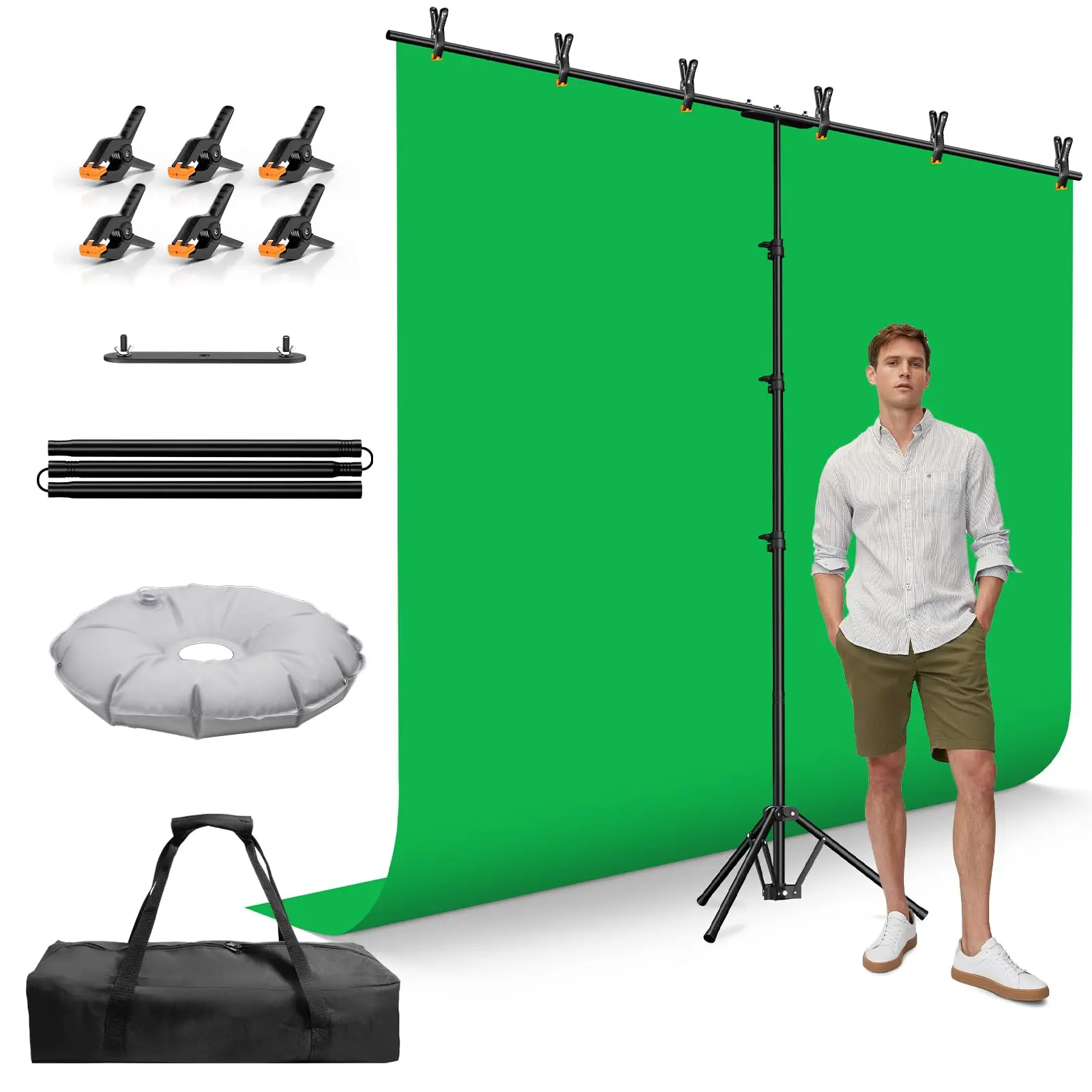EMART 8.5x8.5ft Large Green Screen Backdrop Kit, 8.8x7.5FT T-Shape Stand Reverse Folding Tripod Stand, Spliced Crossbar Plate & 6 Clamps for Studio Shooting, Live Stream
