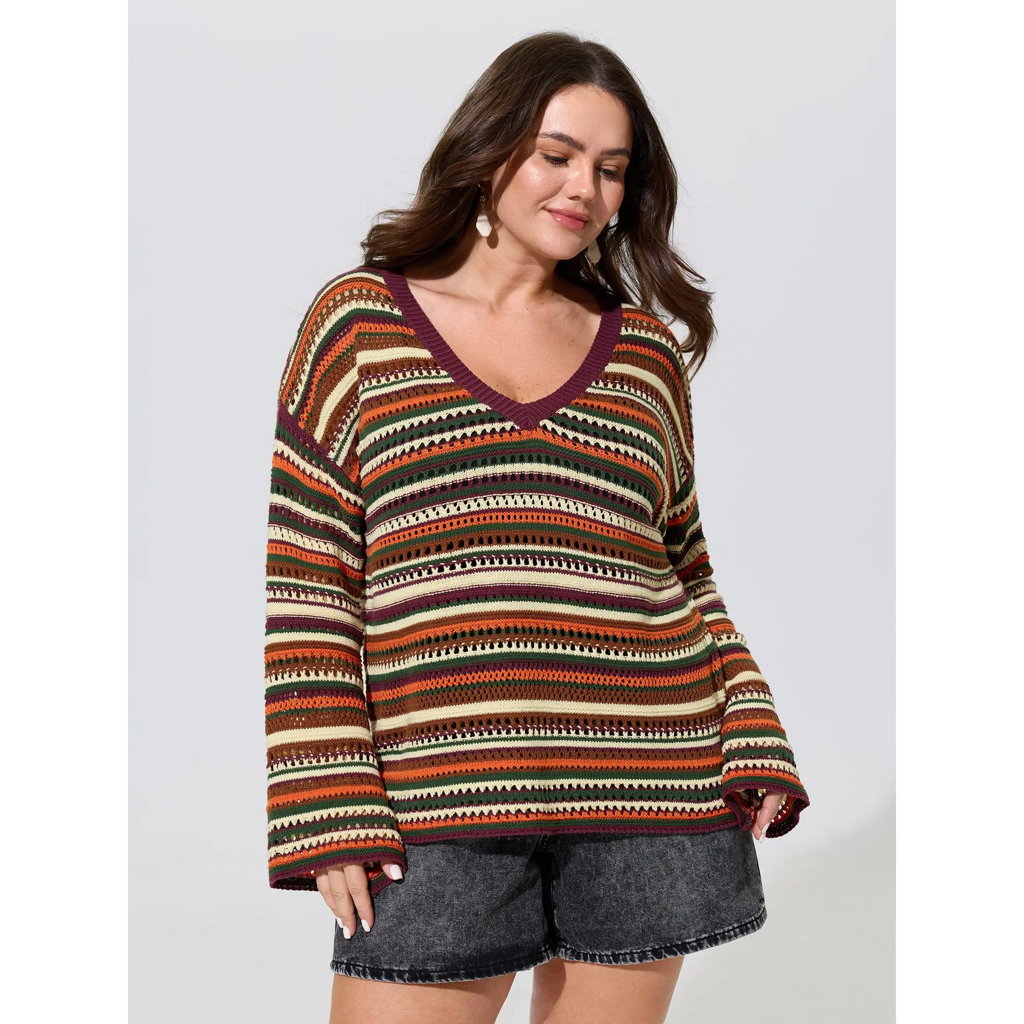 BloomChic Women's Plus Size Multi-Color Stripe Hollow V-Neck Knitwear Pullover - Long Sleeve Casual Fabric Garment [M-6X] 2026 Summer Outfits, Summerfinds, Tops, Clothes, V-Shaped Neck, Striped Print, Multi-Size, Plus Size Clothes