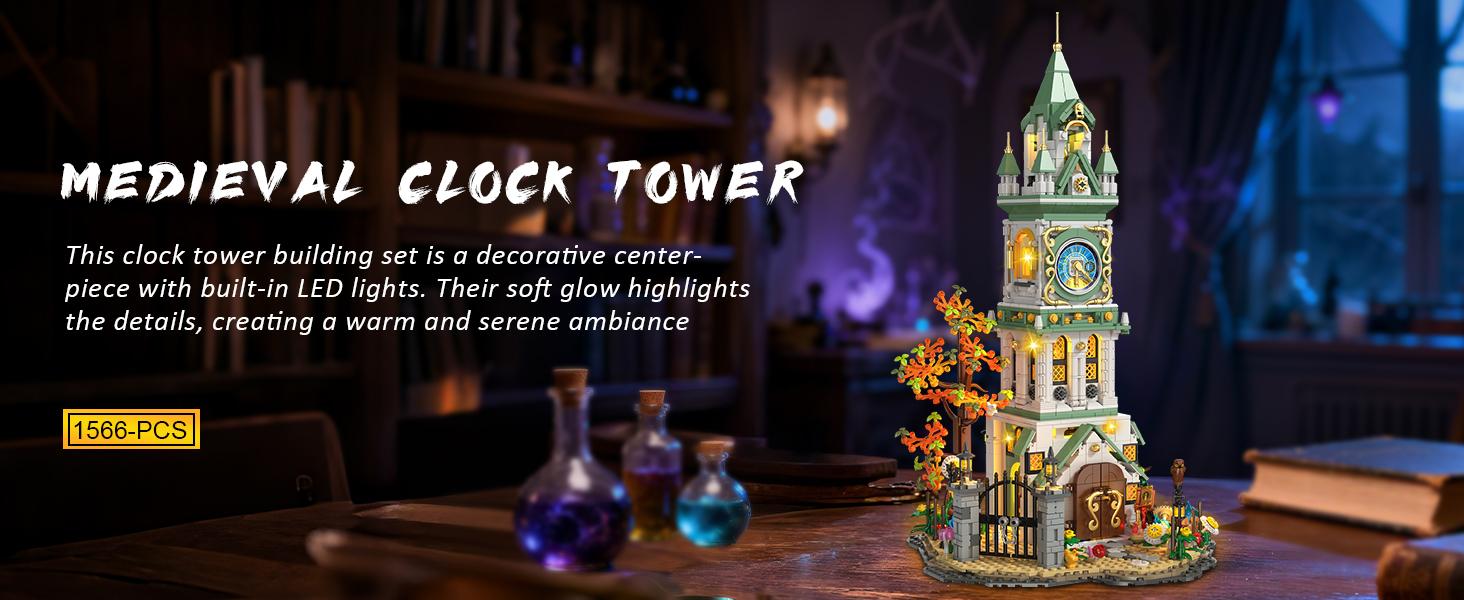 Magic Clock Tower Building Set with Light, 1566 PCS Big Medieval Castle House Construction Model with Owl & Garden, Home Decor Building Block Kit, for Adults Teens Boys Girls 12+
