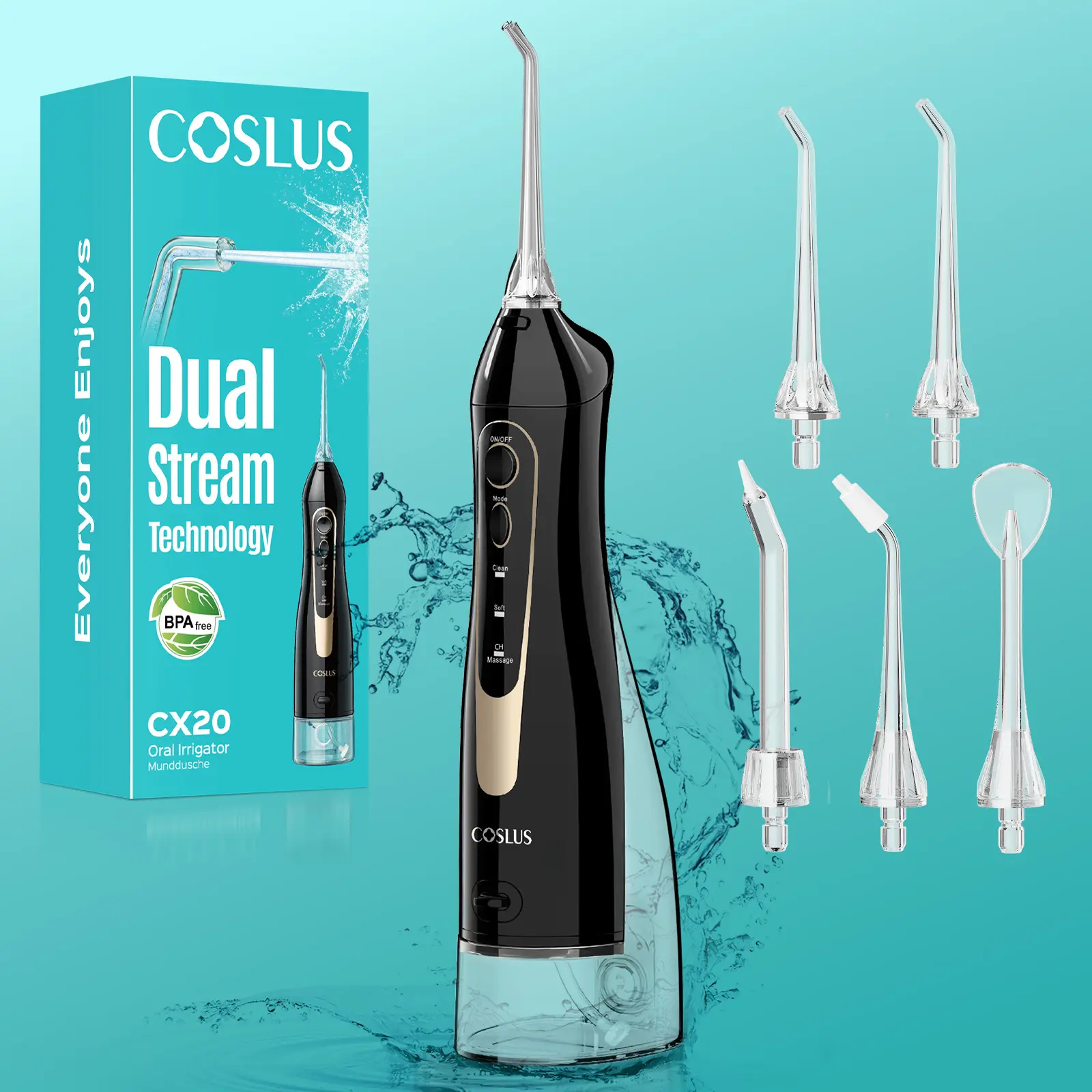 COSLUS CX20 Portable Oral Irrigator - Rechargeable Plastic Water Flosser, 300ML Tank, 5 Jet Tips, Gentle Mode, IPX7 Waterproof, Plaque Removal Teeth Cleaner, Self Care Gadget for Braces & Sensitive Gums,back to school,back to school haul