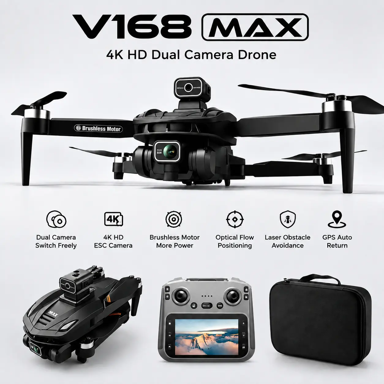 4K-V168 MAX LED RC Amateur Camera Drone, 4.5-in LCD Touch Screen, 3-Battery Version, 50-Min Battery Life, 5G/GPS, 1-Button Return/Take-Off, 360 Surround Shooting, Follow Shooting, Electronic Remote Control Quadcopter