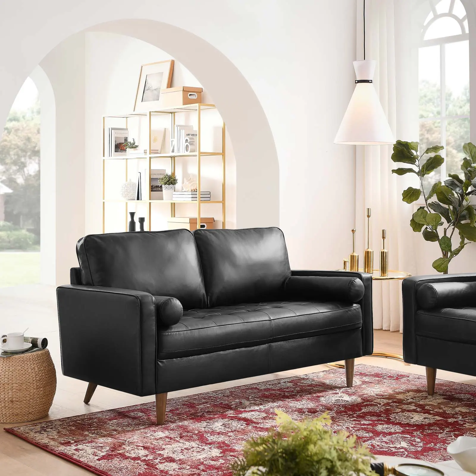 Modway Valour Premium Luxury Leather Loveseat Sofa - Black Modern Indoor Furniture with Innerspring Pocket Structure, Easy Maneuvering for Living Room Lounge Interior, Biscuit Tufting