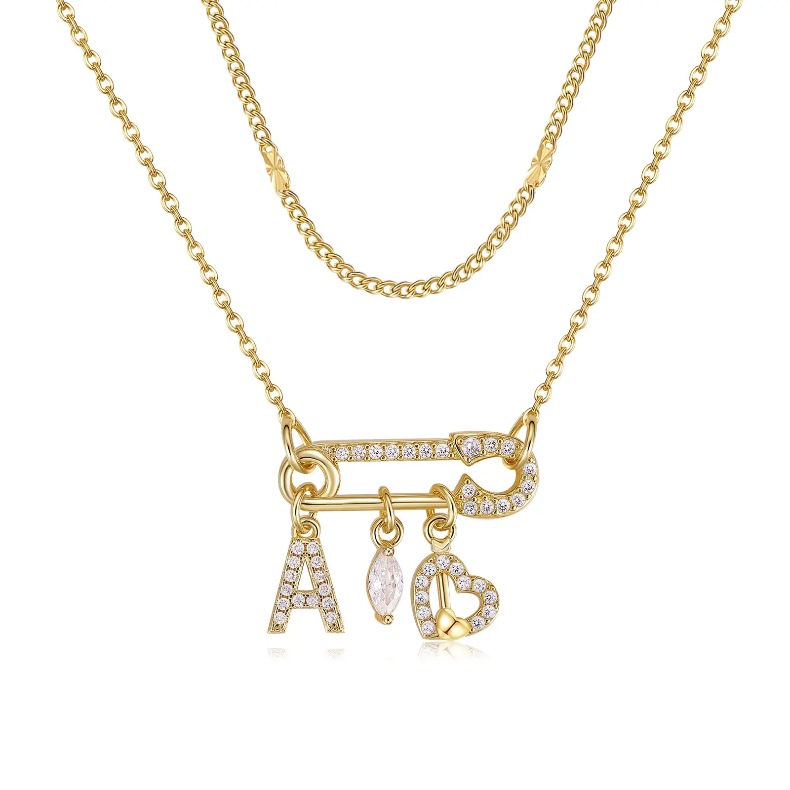 MEIITRUE Safety Pin Initial Letter Pendant Necklace for Women, 14K Gold Plated Alphabet Layering Necklace , 5A CZ Jewelry backtoschool