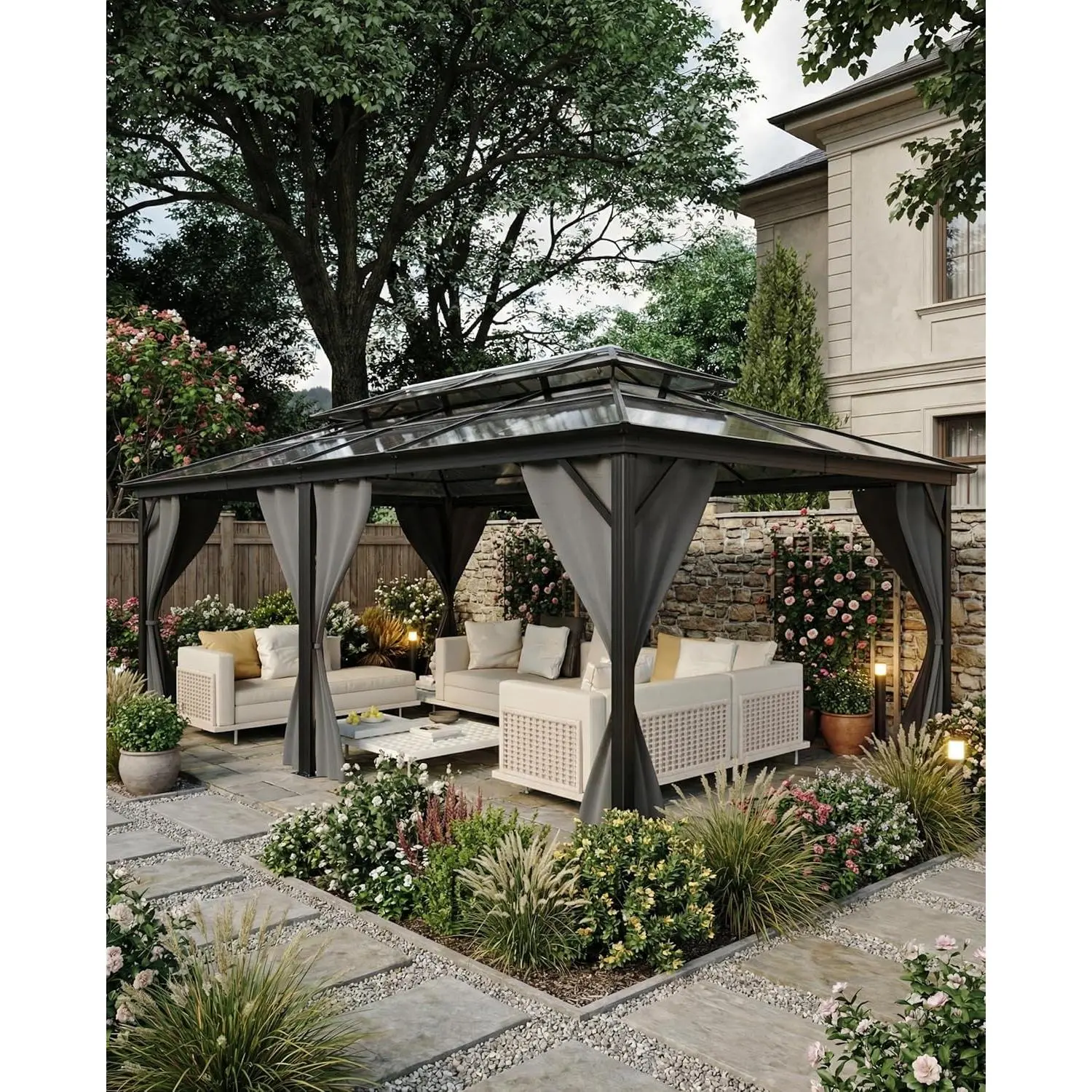 12'x20' Hardtop Gazebo, Heavy Duty Metal Gazebo with Aluminum Alloy Frame, Heavy Duty Canopy, Netting and Curtains for Patio, Backyard, Gray