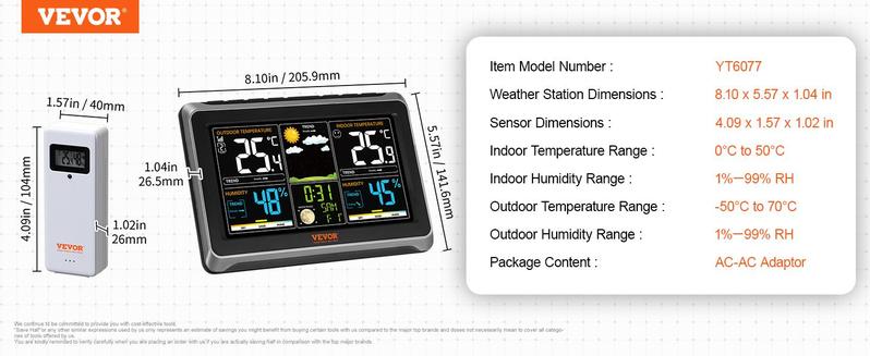 VEVOR Weather Station Indoor Outdoor, Various specifications, 7.5 in Large Color Display, Wireless Digital Home Weather Station, with Sensor Atomic Clock Adjustable Backlight Forecast Data Calendar Alarm Alert Temperature