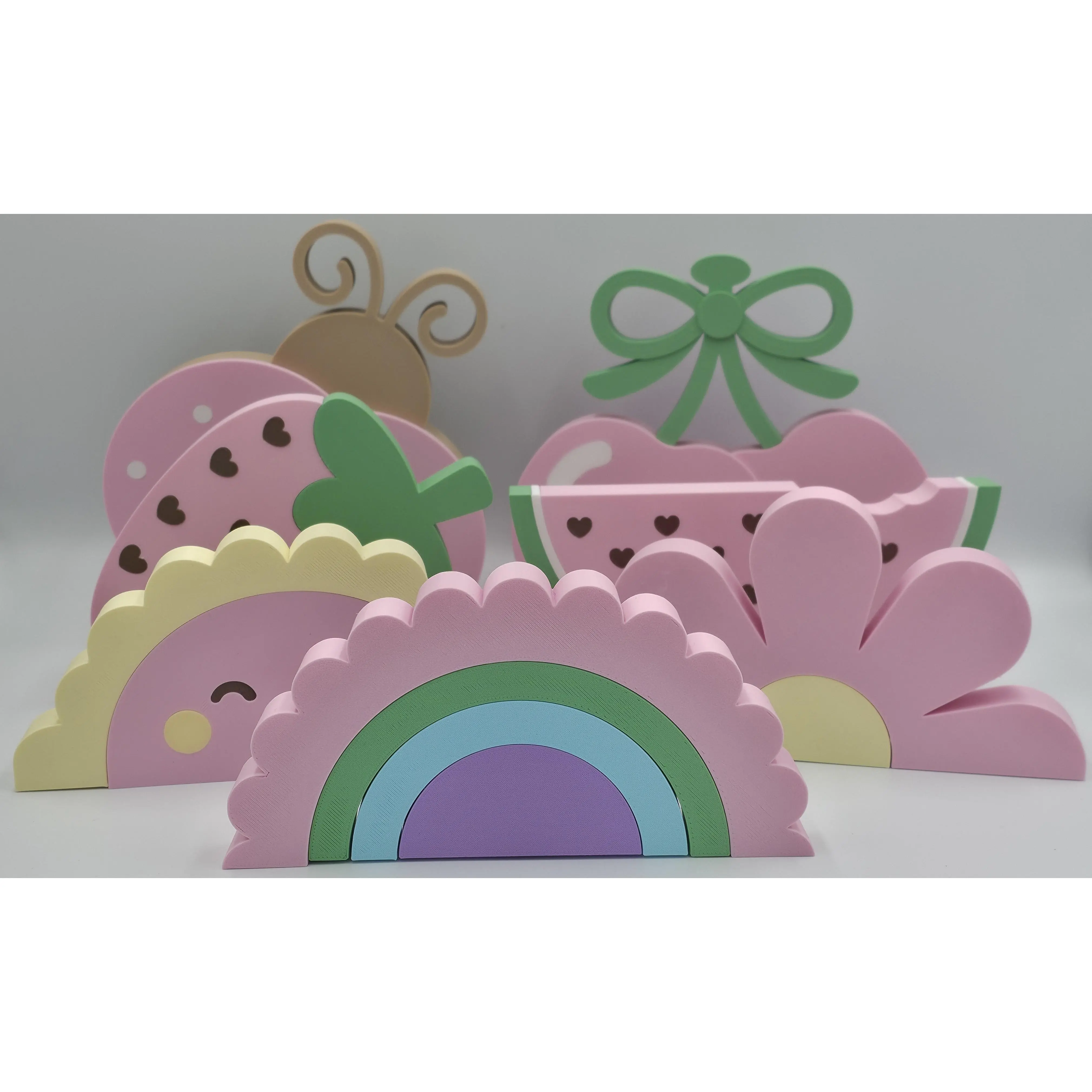 7-Piece Minimalist 3D Printed Pastel Nursery Decor Set - Lightweight Cloud-Accented Mini Figurines (Strawberry, Watermelon, Flower) for Baby Girl Kid Room Shelf Decor, Wall Mount, Gender Reveal Gift