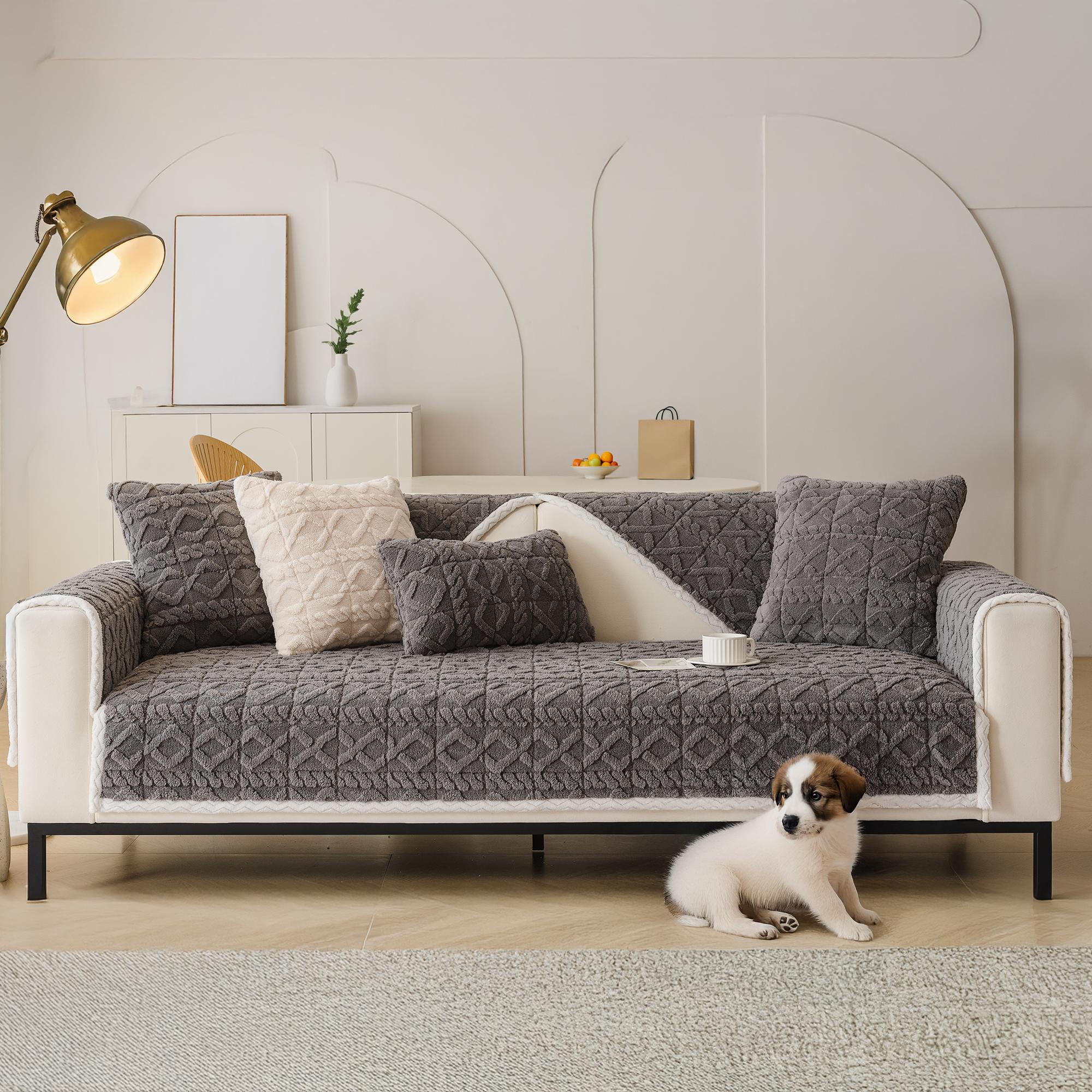 [Gift Choice] 1 Count Sofa Cover for 1-4 Seater NO BACK OR ARMREST Solid Color Jacquard Sofa Protector, Anti-slip Couch Bench Cover, Machine Washable Slipcover, Pet-friendly sofa Towel Mat for Home, Living Room, Dormitory, Hotel, Beige, Gray