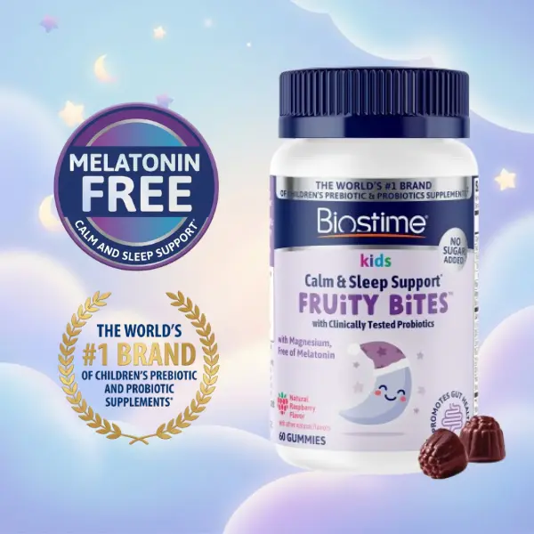 Biostime Kids Fruity Bites Gummies | Includes Probiotics and Essential Vitamins for Kids (Ages 4+) | No Added Sugar | Free from Top 9 Allergens