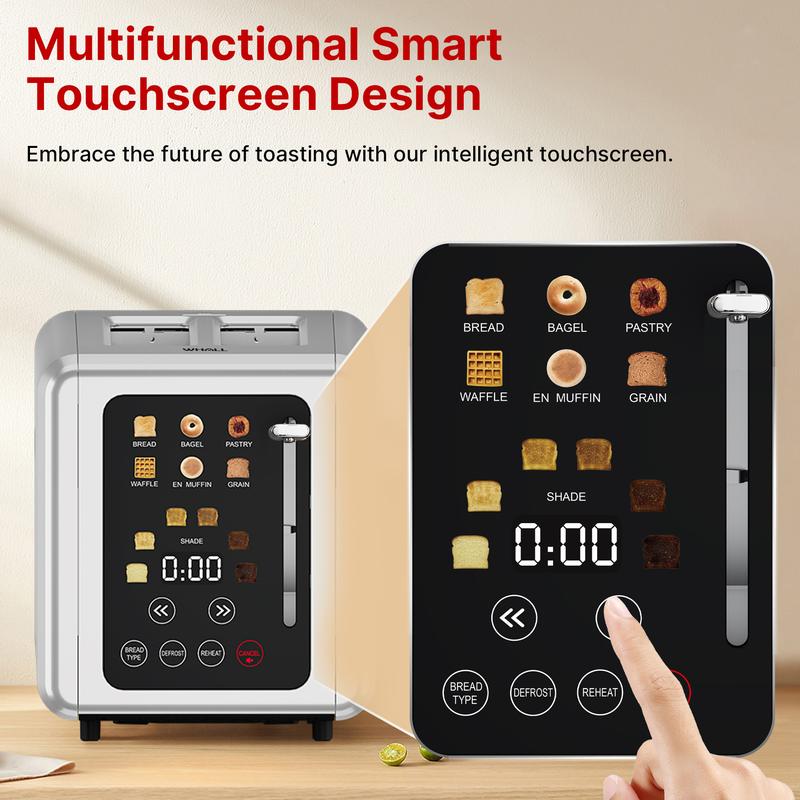 Whallultra Touch Screen Toaster 2 Slice, Stainless Steel Digital Timer Toasters with Sound Function, Smart Extra Wide Slots Toaster with Bagel, Cancel, Defrost (silver)