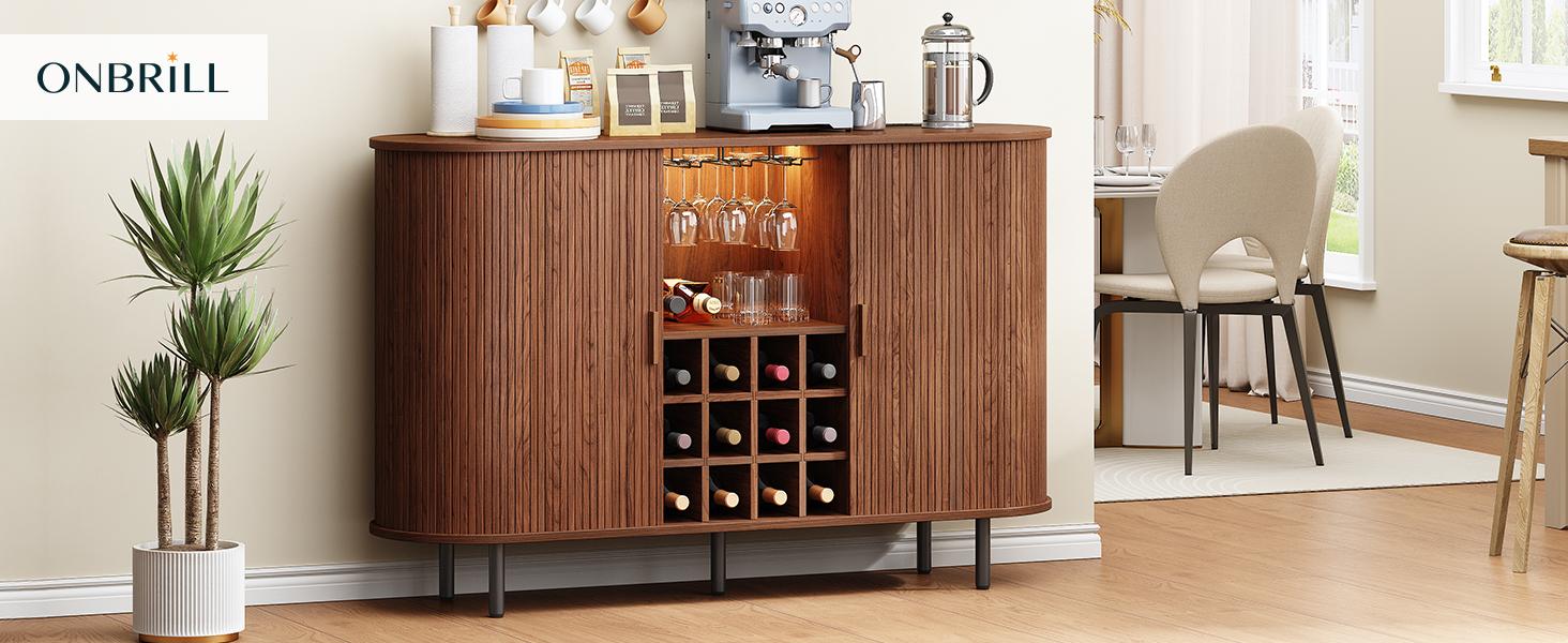 【SPOTLIGHT DAY & Sliding Doors Design】ONBRILL 40/55/63" Gorgeous Fluted Buffet Cabinet, Coner Coffee Bar With Storage,  Mid Century Modern Sideboard with Adjustable Shelf, Accent Wood Console Table for Kitchen Entryway Living Room Furniture