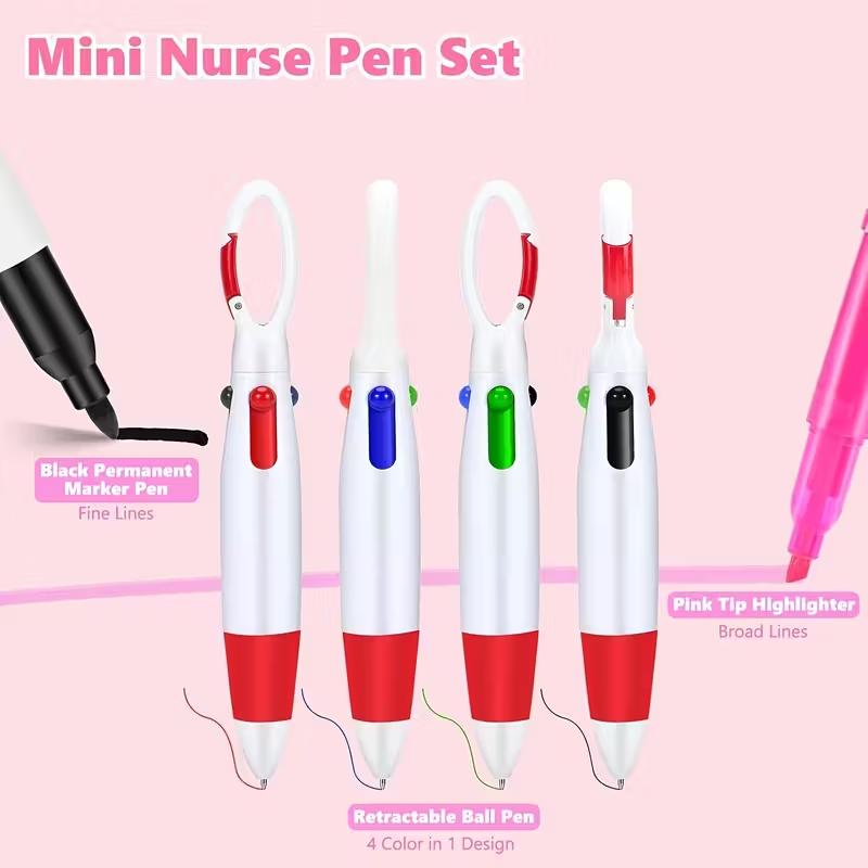 2 Sets of Nurse Pen Set, Badge Reel Holder Accessory Clips - Retractable Nursing Ballpoint Pens, Permanent Markers, Highlighters, Foldable Scissors for Work, Students, Office, Hospital, And Nurse Colleagues