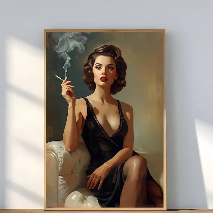 (unframed) Poster Retro Glam Woman with Cigarette Old Money Luxury Wall Art Vintage Pinup Fashion Print