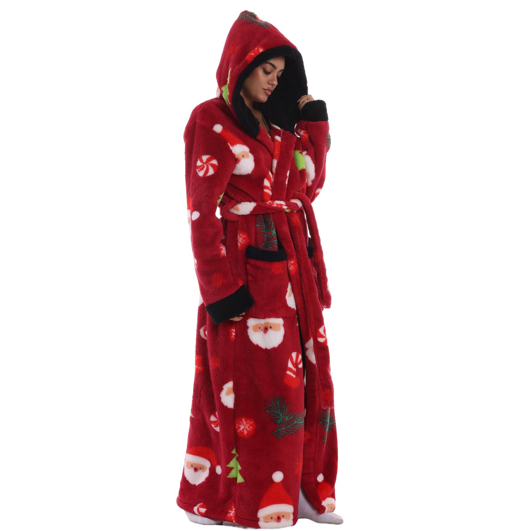 Msrlassn 1Pcs Cozy Soft Bathrobe Flannel Lined Hooded Robe for Women , Thickened Long Sleeve Pyjamas Cute Print Home Loungewear Sleepwear Gowns