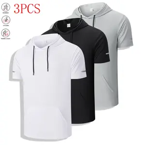 Men’s sports hooded T-shirt, 3-pack; kangaroo pocket, breathable quick-dry fabric; suitable for running, workouts, indoor fitness, and more; solid color; men’s short-sleeve athletic T-shirt.