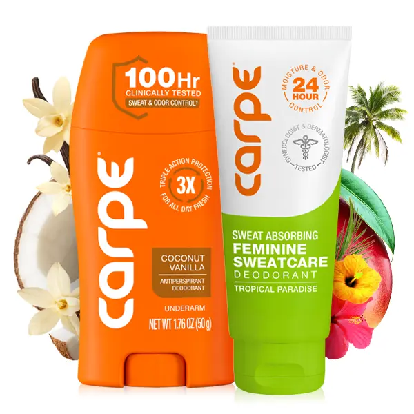Sweat-Free Duo for Women - Sweat Absorbing Feminine Care Deodorant + Antiperspirant Underarm Lotion - Premium Scents - Choose from Coconut Vanilla, Vanilla Peach, Pure Powder, Lavender Citrus & More - Comfort Down There  Scented Cosmetic Aroma