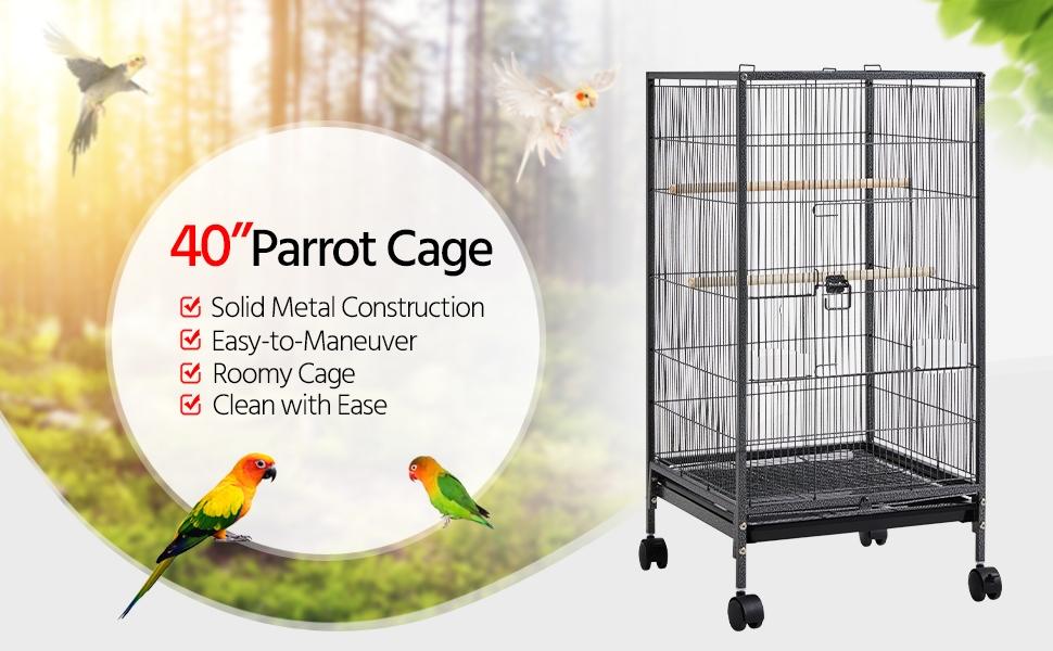Yaheetech 40-Inch Wrought Iron Bird Cage with Rolling Stand Open-Top Parrot Cage For Small-Sized Birds
