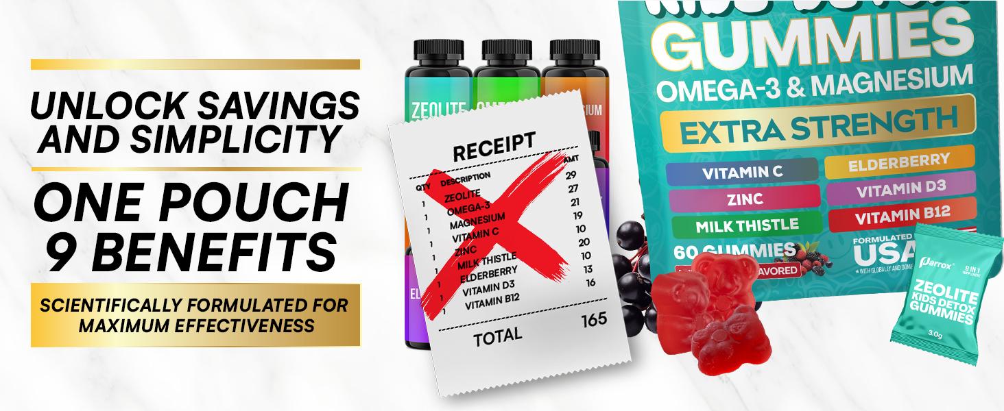 Zeolite Kids Detox Gummies (Mixed Berry Flavor) - Parrox 9 in 1 Kid Supplement for Brain, Immune, Vitamin, and Overall Healthcare - 60 Edible Gummies - Made in USA - (For Ages 3+)