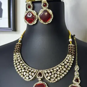 Indian Red‑Stone Kundan Necklace & Earring Set with Diamond Accent Gold Finish.