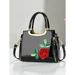 Women's Elegant Rose Embroidered Handbag, Fashionable Large Capacity Shoulder Bag for Daily Used, Casual Trendy Versatile High-quality Daily Commuting Bag, Floral Embossed Handbag