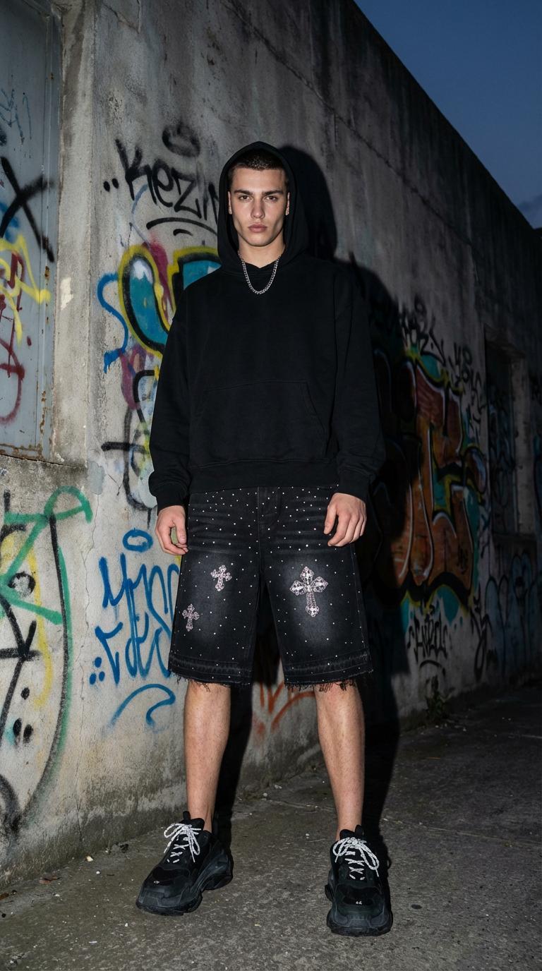 Sopula Studio Men's Hiphop Cross Hot Diamond Jorts Denim Shorts