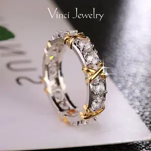 925 Sterling Silver 14K White Gold Plated 1.4CTW Total FGH 3mm Cut Cubic Zirconia Simulated Diamond Ring Full Eternity Wedding Band Stackable Eternity 2 Tone Ring Magnetology Lymphvity Ring Magnetic Zircon Shaping Cross Unclog Bloodstream and Lymph Nodes
