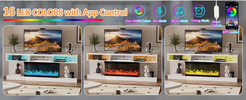 【2 Packages Shipping】Dragosum Modern Media Console with APP-Controlled Lights: 70" 3-Sided Fireplace TV Stand Includes 34" Electric Fireplace & Storage Cabinet. Entertainment Center for Living Room, Supports TVs Up to 80"