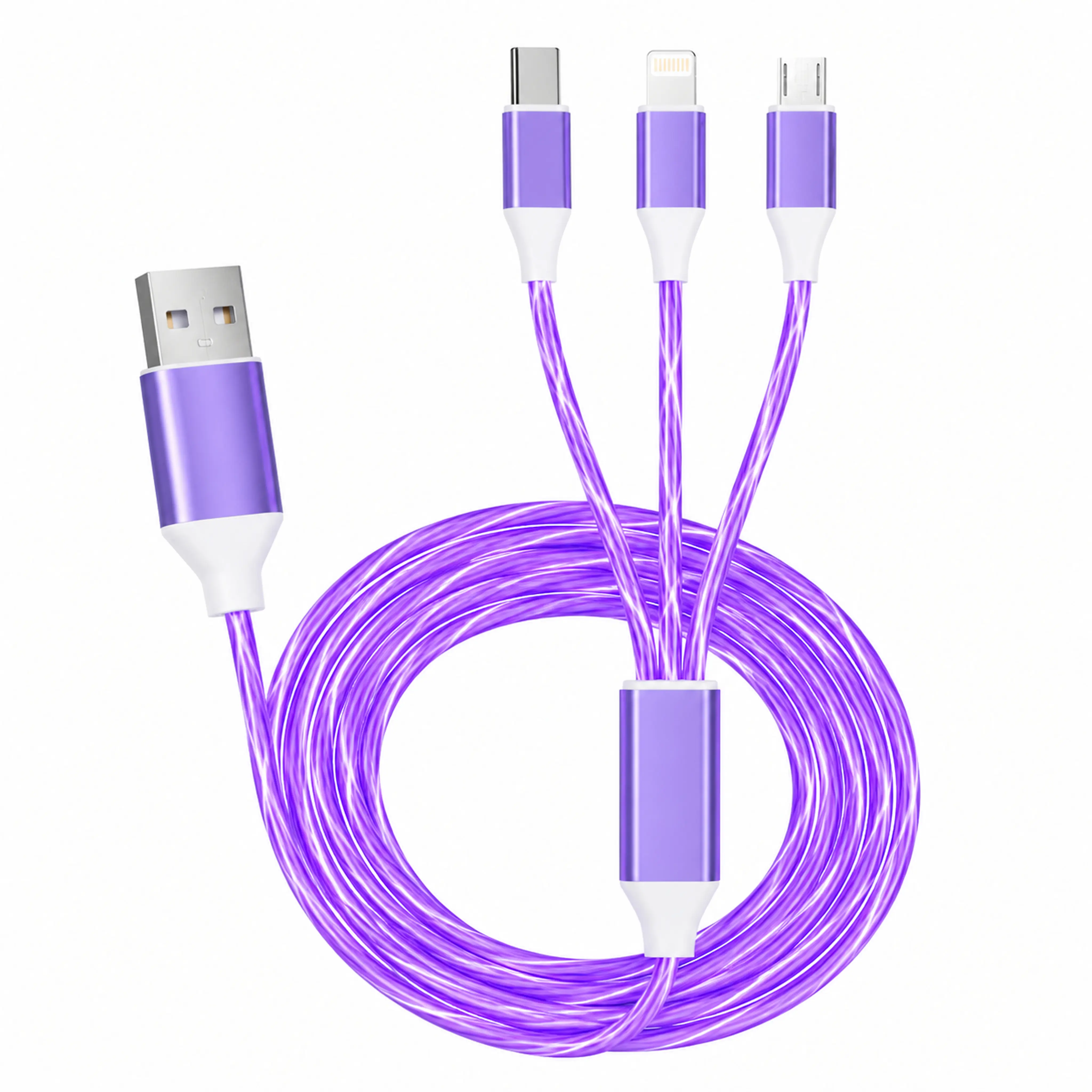 3-in-1 LED Flowing Light Multi-Port Charger Cable - USB-C, Micro USB, Lightning Connectors - Compatible with Android, Cellphone, Computer, Smartphones & Tablets