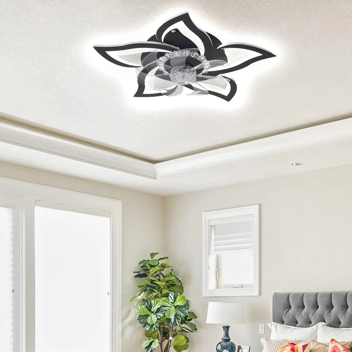 Low-Profile Ceiling Fan with LED Light And Remote Control, Featuring 3 Color Temperatures, 6 Speed Settings, Reversible Pure Copper DC Motor, And a Heat Dissipation Base, 27-Inch Embedded Petal-Shaped Modern Ceiling Fan Light Led Lighting
