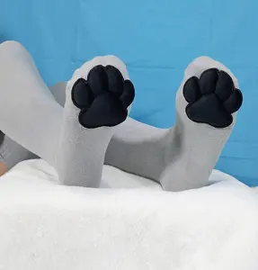 Puffy Black Mochi Cat Paw Pad Bean Grey Thigh High Stockings for Furry Cosplay