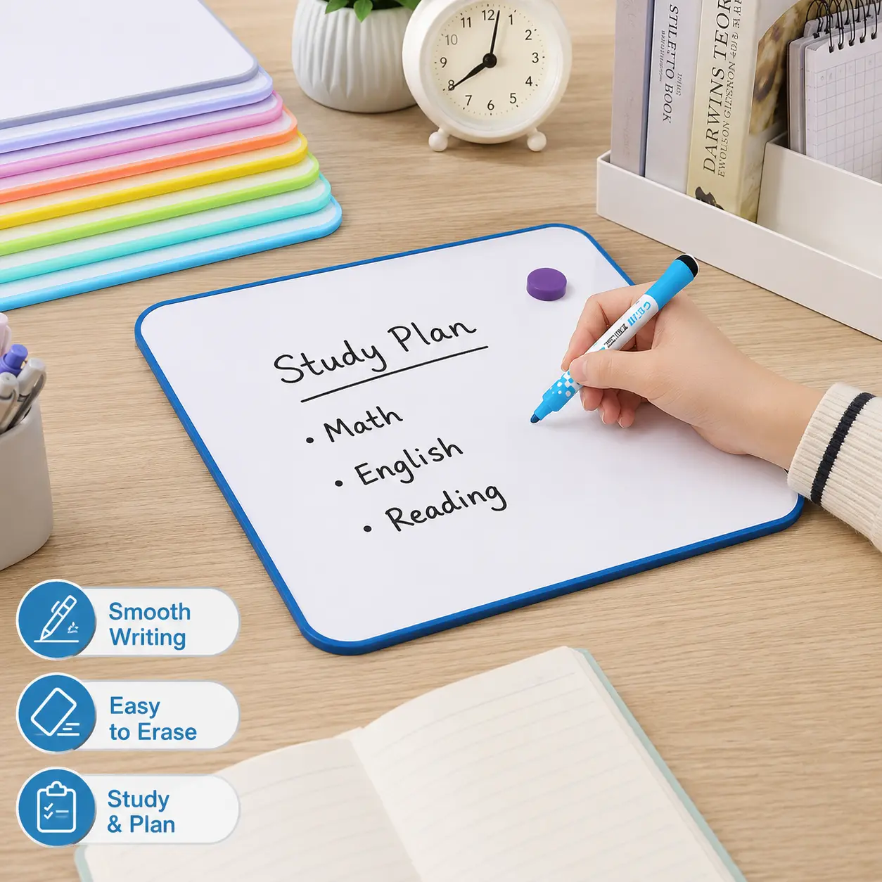 1-Piece A4 Double-Sided Magnetic Whiteboard - Rounded Soft Edge, Magnetic Surface, Smooth Writing, Easy to Erase Educational Arts & Crafts Tool for Office & Home Desk Drawers, Built-In Hanging Loop