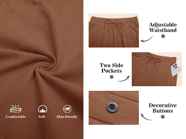 Women's Summer Trousers, Women's Summer 7/8 Cropped Wide Leg Trousers Elastic Waist Cotton Casual Trousers Lightweight Boho Trousers Beach Trousers with Pockets and Decorative Buttons