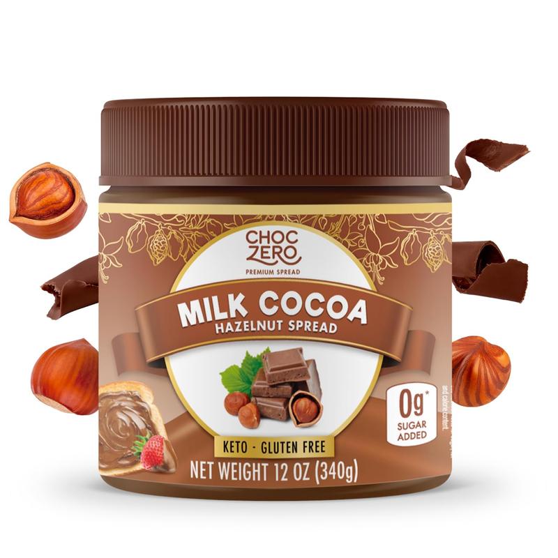 ChocZero Milk Chocolate Hazelnut Spread - No Added Sugar, Keto Friendly Low-Carb Chocolate Hazelnut Dessert & Bread Topping, Gluten Free, High Fiber, 12 oz Jar, Sweet