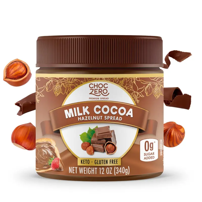 ChocZero Milk Chocolate Hazelnut Spread - No Added Sugar, Keto Friendly Low-Carb Chocolate Hazelnut Dessert & Bread Topping, Gluten Free, High Fiber, 12 oz Jar, Sweet