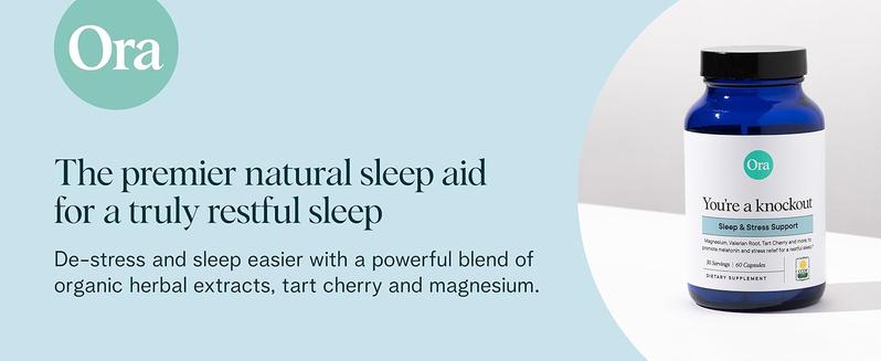Ora Organic Natural Sleep Aid Supplement Stress Support Calming Herbal Blend with Melatonin from Tart Cherry - Includes Magnesium Citrate, Valerian Root, and Lemon Balm - 1 Month Supply, 60 Capsules