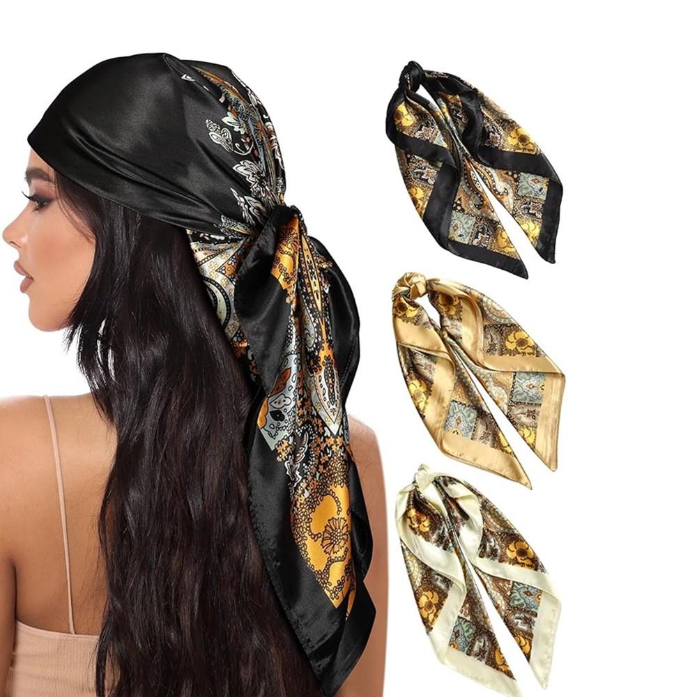 3-piece suit 35 Inches Large Printed Silk Like Texture Square Head Scarf Neck Scarves for Women Hair Kerchief Bandanas Scarf Sleeping Head Wraps Hair Band Headscarf Female Hair Accessories